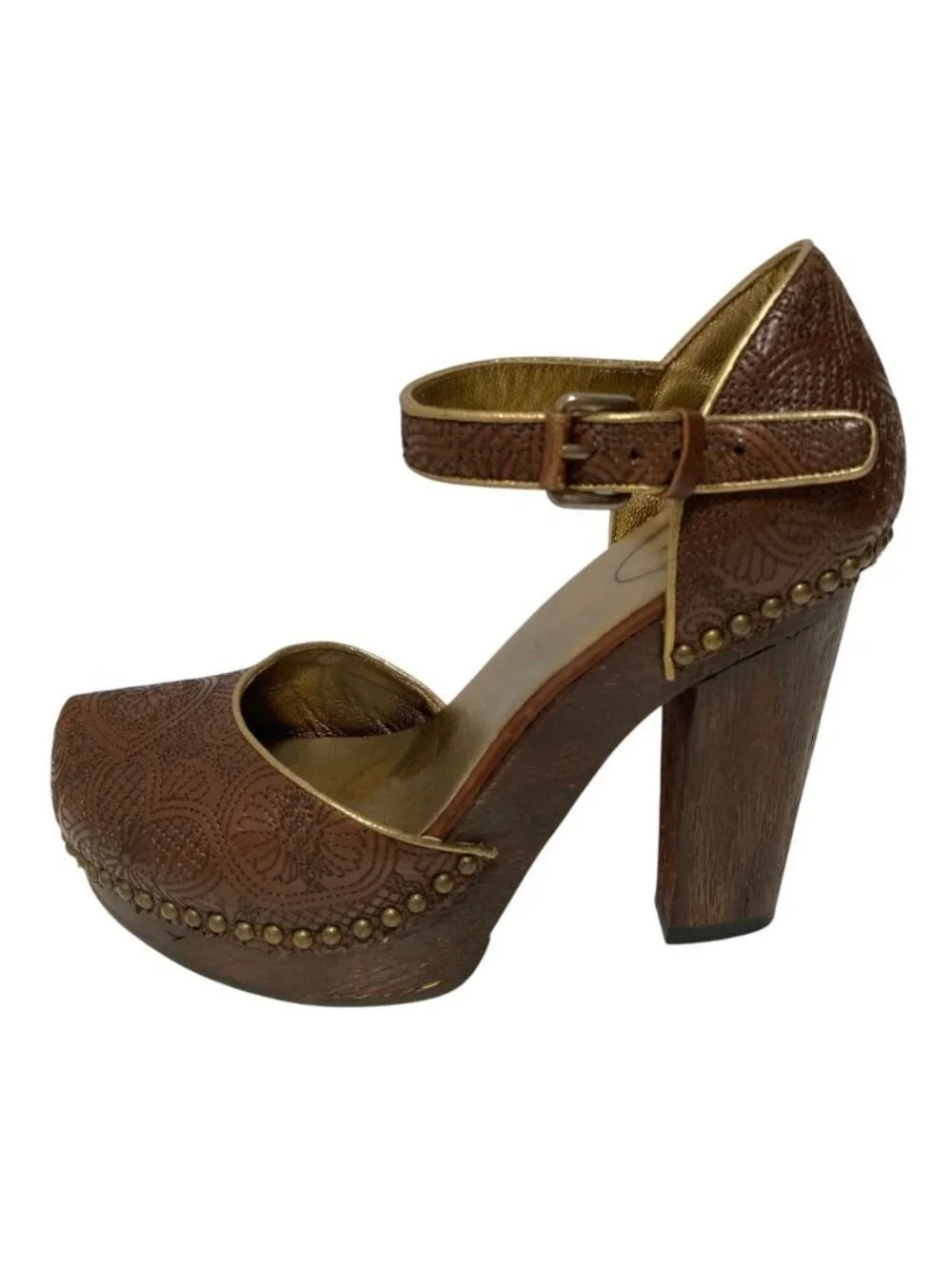 Prada Flower Embroidery Wood Sole Ankle Strap Pumps 37.5 Equivalent Brown